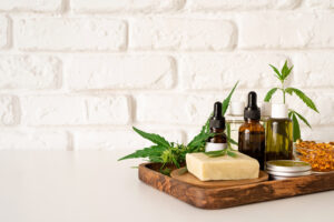 Collection of hemp-derived products on a small board